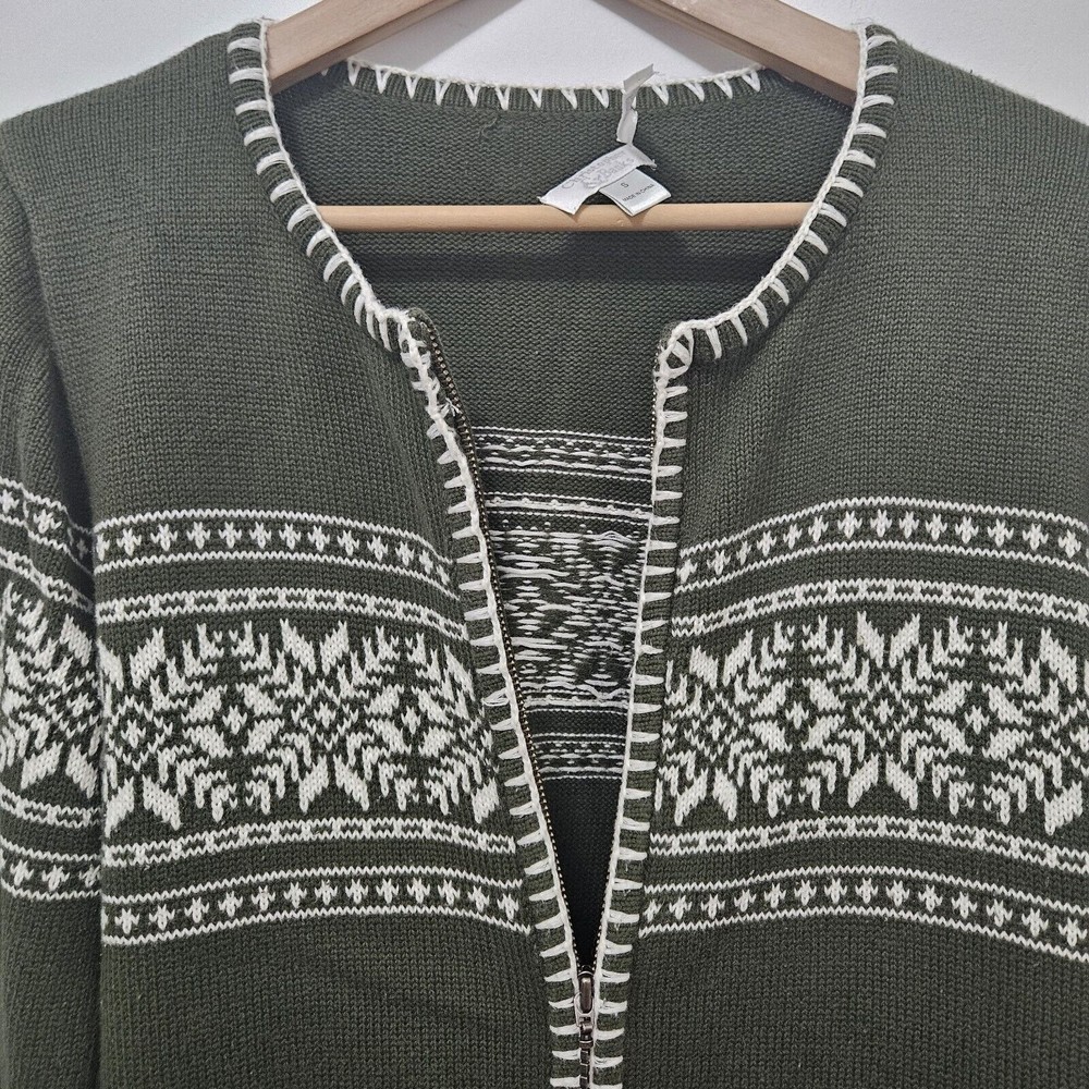 CHRISTOPHER BANKS Women' Green Fair Isle Hand Embroidered Full Zip Sweater Sz: S